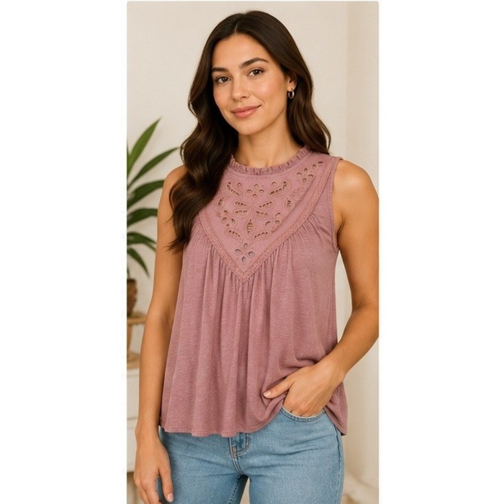 True Craft Sleeveless Top Womens L Boho Cottagecore Eyelet Ruffle Mauve Blouse